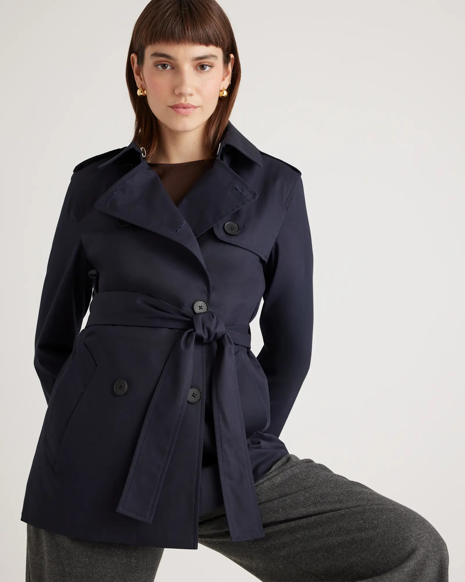 Comfort Stretch Short Trench Coat in Midnight Black | Quince