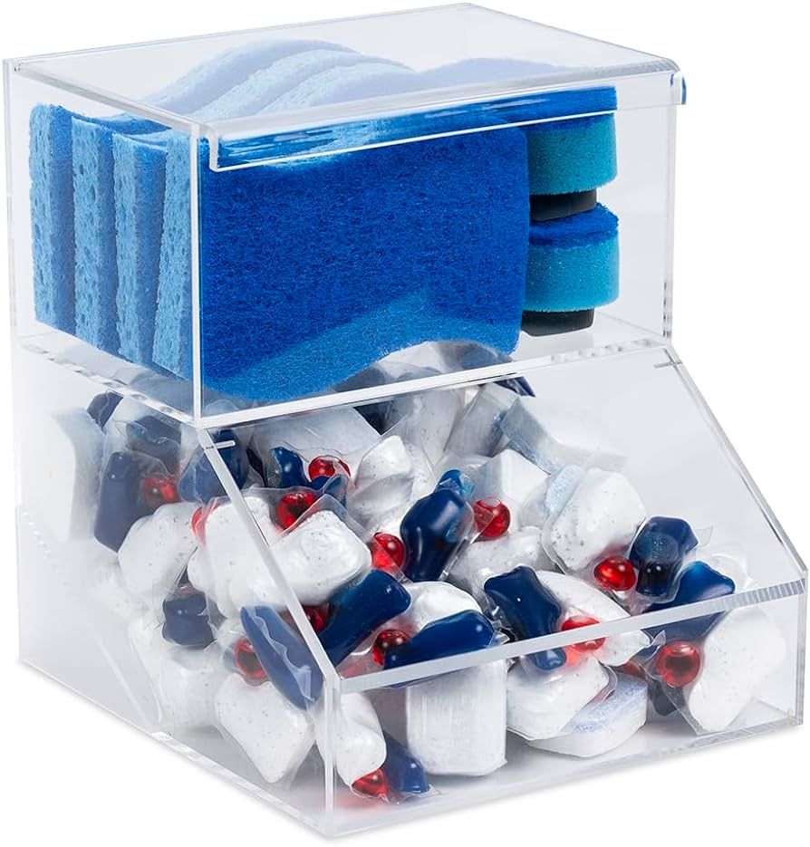 Acrylic Dishwasher Pods & Sponge Holder w/Lids - 2 Compartment Container for Storing Detergent Ta... | Amazon (US)
