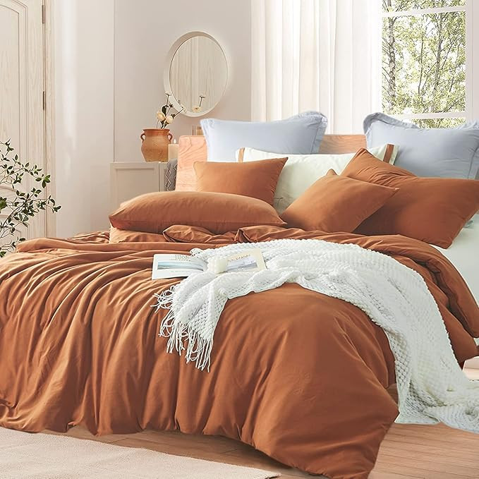 Nayoroom Burnt Orange Duvet Cover Set Queen Size 100% Washed Cotton Caramel Pumpkin Rust Solid Co... | Amazon (US)