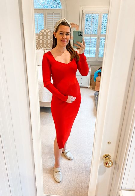 Red sweater dress perfect for holiday festivities! Holiday outfit! Found it all on Amazon. Dress is shockingly good quality for the price. *Wearing size small and fits like a glove with room for the baby bump to grow. Super stretchy and flattering fit. 

Holiday dress. Sweater dress. Date night. New years. Amazon dresses. Maternity outfit. Bump friendly outfit. Maternity dress. Pregnant outfit. Buckle mules. Knot headband. 



#LTKunder100 #LTKbump #LTKHoliday