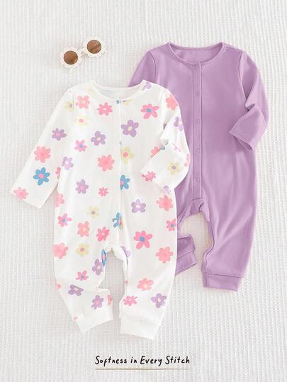 Cozy Pixies Baby Girls Leopard Print & Solid Color Soft Knit Jumpsuit, Versatile Crew Neck Long S... | SHEIN