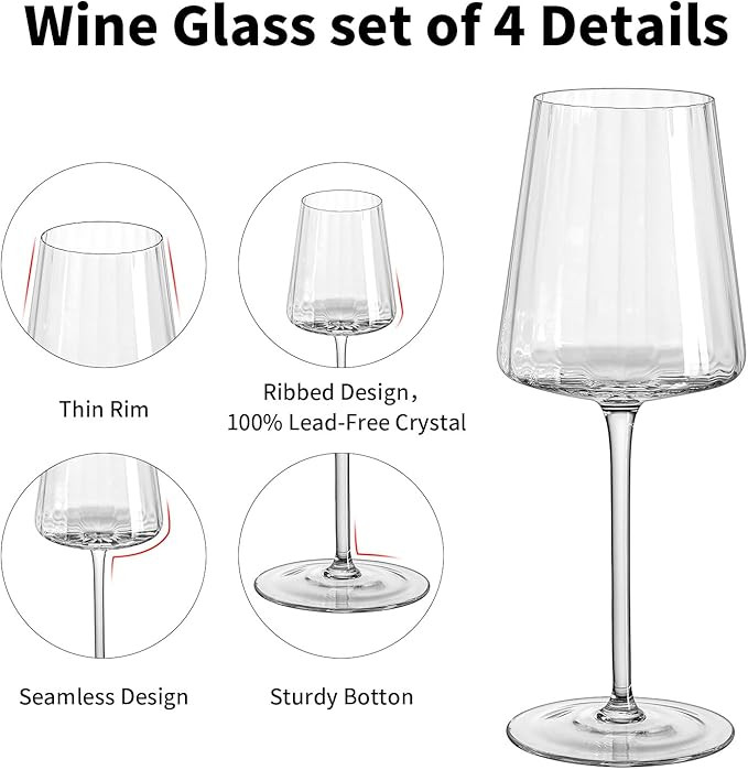 Ribbed Wine Glasses Set of 6: 13.5oz Cute Hand Blown Lead-Free Crystal Long Stem Red Wines Cups f... | Amazon (US)