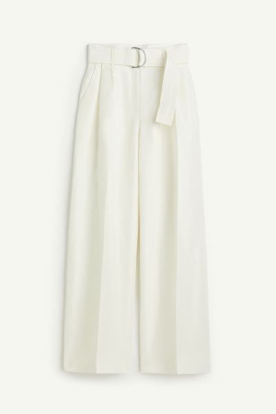 Linen-blend belted trousers - White - Ladies | H&M GB | H&M (UK, MY, IN, SG, PH, TW, HK)