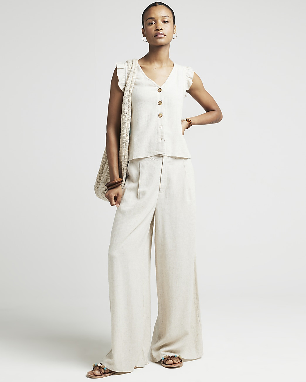 Beige linen blend frill vest top | River Island (UK & IE)