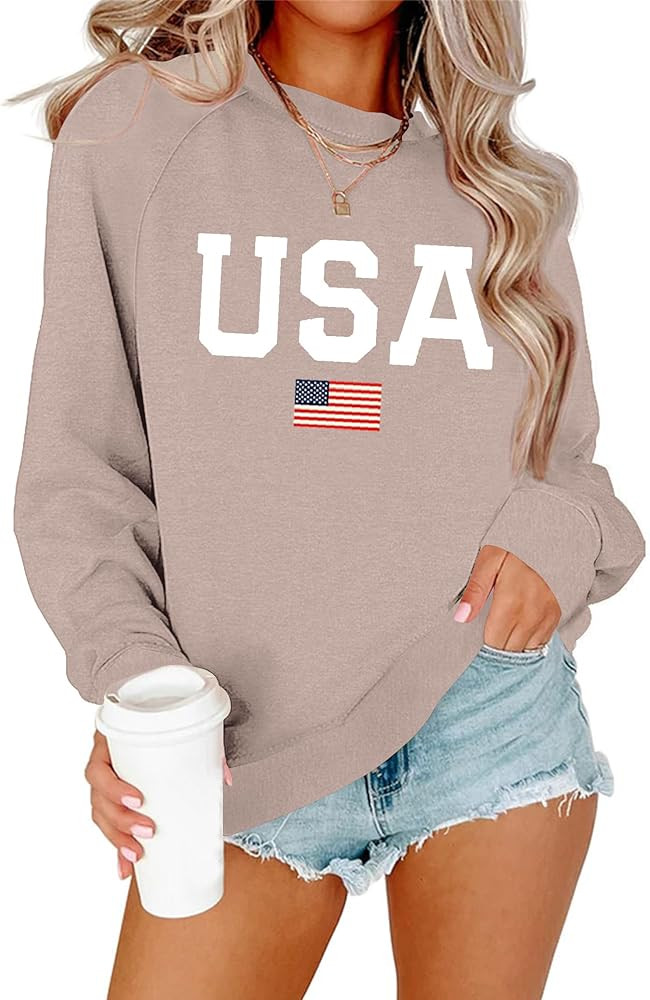 Lacozy Womens USA Sweatshirt American Flag Oversized Graph Letter Pullover Crewneck Long Sleeve L... | Amazon (US)