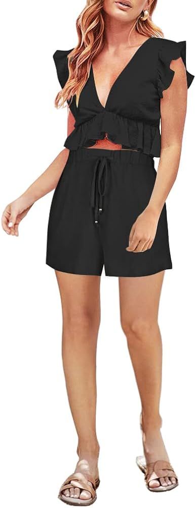 FANCYINN Womens Two Pieces Vacation Outfits Deep V Neck Ruffles Crop Top Drawstring Shorts Set | Amazon (US)