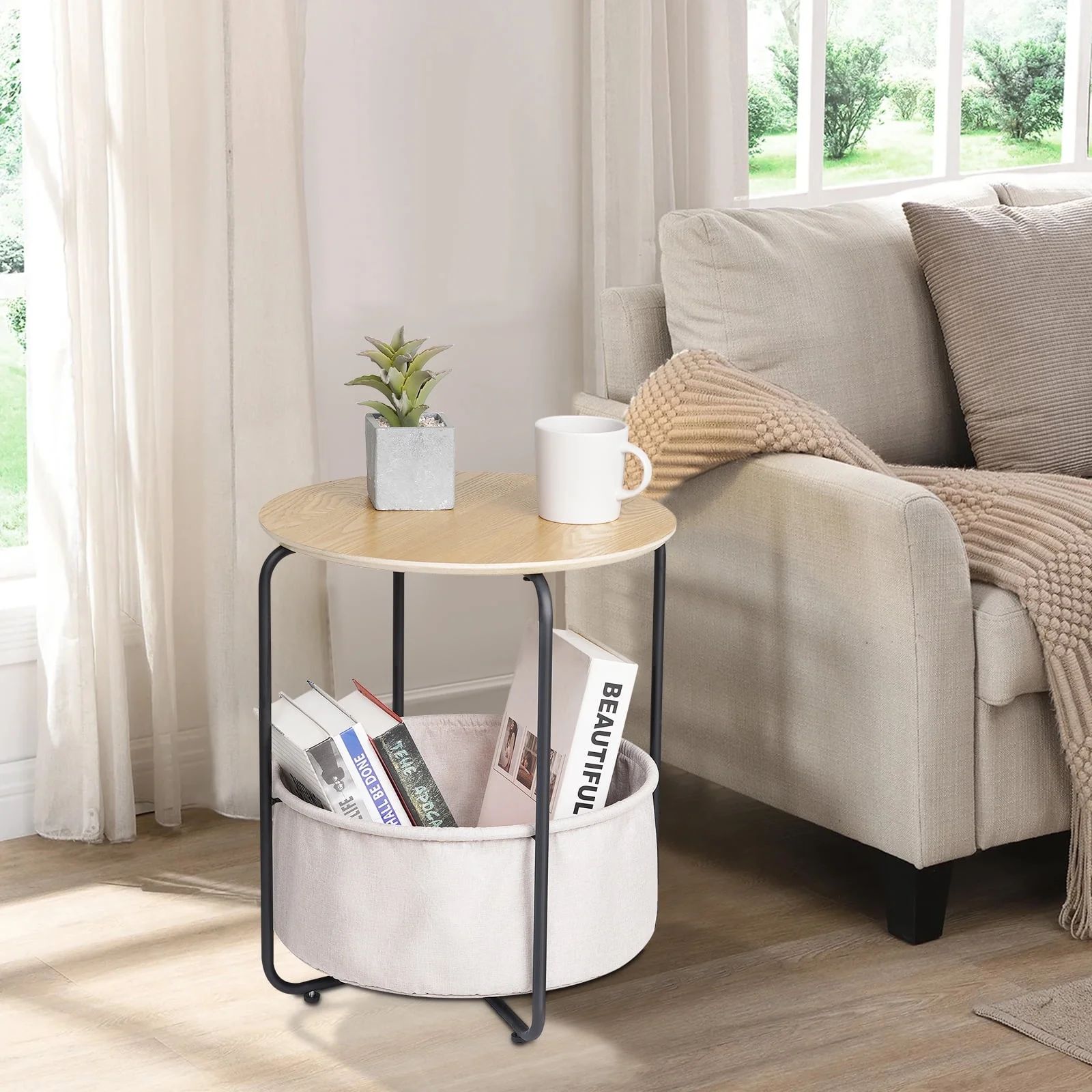 Round End Table with Fabric Storage Basket, HONEIER Side Table Modern Nightstand with Adjustable ... | Walmart (US)