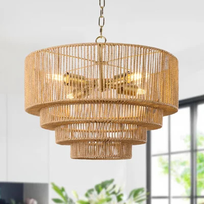 4-Light Dimmable Hand-Woven Rattan Tiered Chandelier | Wayfair North America