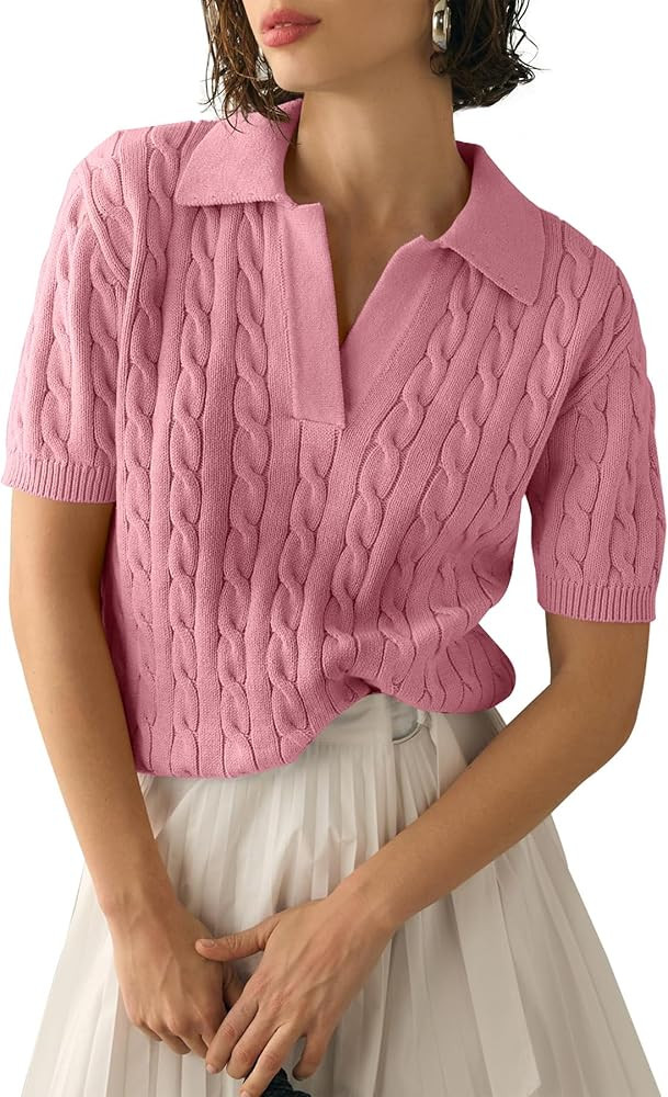 Womens Short Sleeve V Neck Sweaters Cable Knit Collared Pullover Sweater 2024 Trendy Comfy Polo S... | Amazon (US)