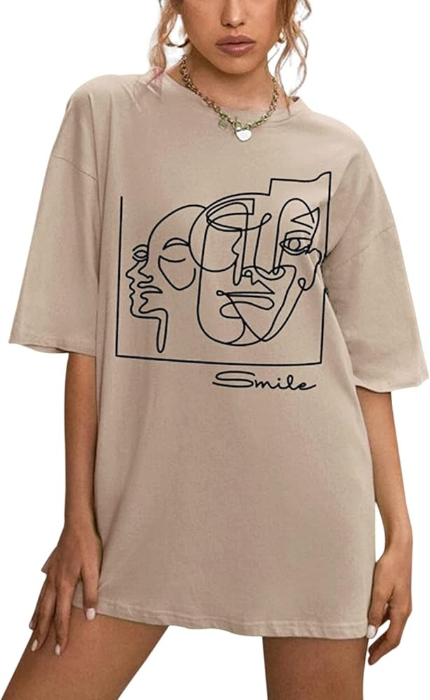 Meladyan Women’s Figure Graphic Oversized Half Short Sleeve Tee Top Round Neck Casual T-Shirt Tops | Amazon (US)