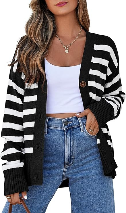 EVALESS Womens Striped Cardigan Sweaters Long Sleeve V Neck Lightweight Open Front Button Down Kn... | Amazon (US)
