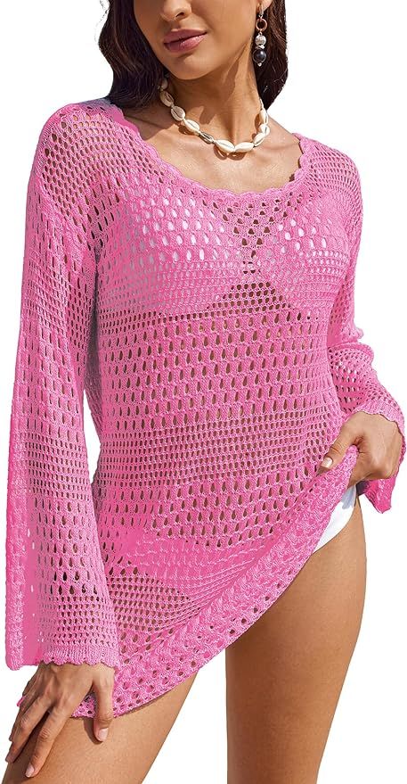 AI'MAGE Crochet Swim Cover Up Knitted Hollow Out Long Sleeve Swimsuit Coverup Womens Beach Cover ... | Amazon (US)