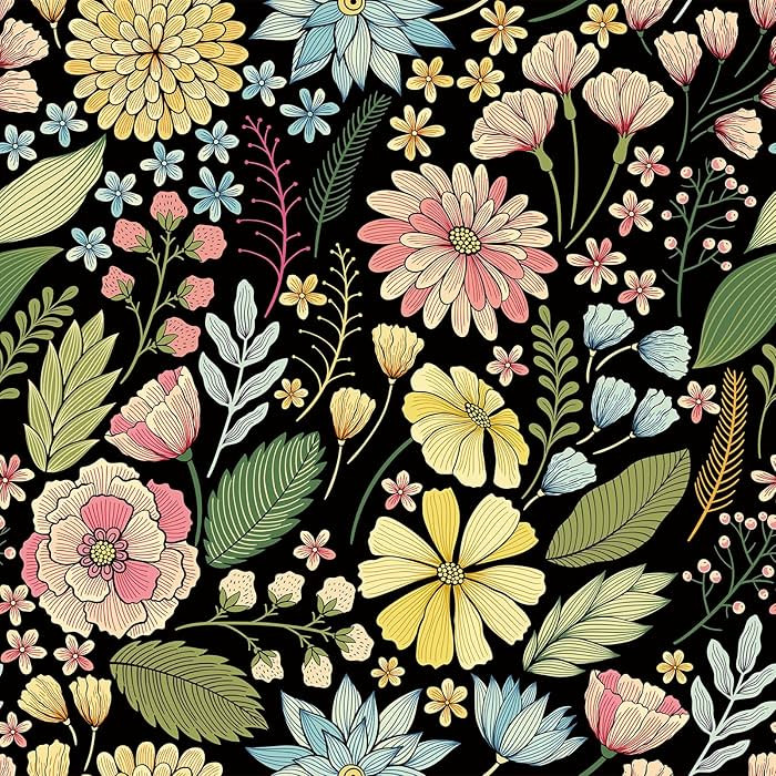 FunStick 17.5"x354" Black Floral Peel and Stick Wallpaper Vintage Boho Yellow Pink Green Blue Pre... | Amazon (US)