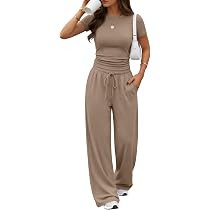 Trendy Queen 2 Piece Matching Summer Lounge Set Womens Side Ruching Top Wide Leg Pants Sets with ... | Amazon (US)