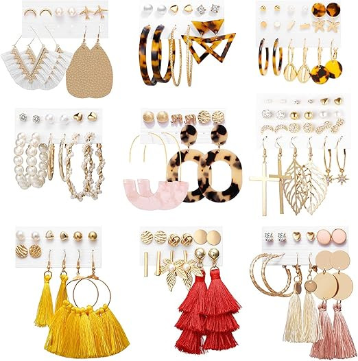 Earrings Set for Women Girls, Funtopia 61 Pairs Fashion Tassel Earrings Acrylic Hoop Stud Drop Da... | Amazon (US)