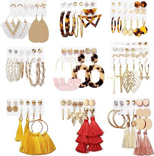 Earrings Set for Women Girls, Funtopia 61 Pairs Fashion Tassel Earrings Acrylic Hoop Stud Drop Da... | Amazon (US)