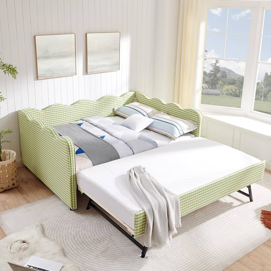 KEIKI Full Size Upholstery Daybed with Trundle and USB, Full to King Design Adorable Wave Shaped ... | Amazon (US)