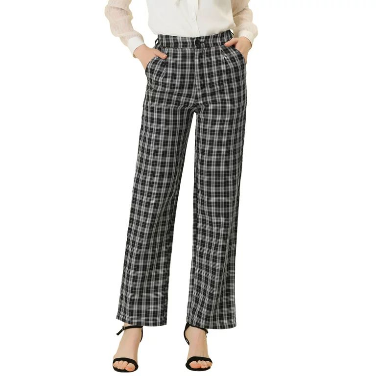 MODA NOVA Juniors Plaid Elastic Waist Button Zipper Straight Leg Long Pants | Walmart (US)
