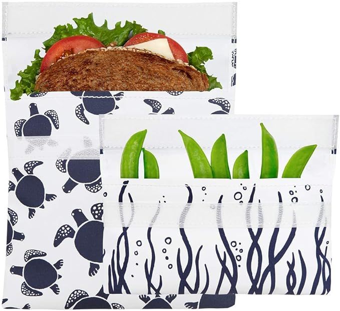 Lunchskins Reusable 2 Piece Food Storage Bag Set, 1 Sandwich Bag + 1 Snack Bag, Navy Sea Turtle | Amazon (US)