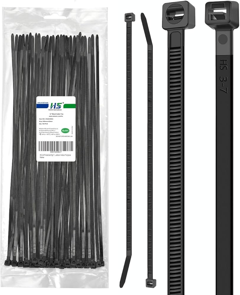 HS UV Protected Zip Ties 12 Inch (100 Pack) Self Locking Strong Plastic Wire Ties 12 Inch Black N... | Amazon (US)