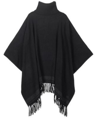 Lauren Ralph Lauren Woven Knit Collar Ruana - Black/Charcoal | Macy's