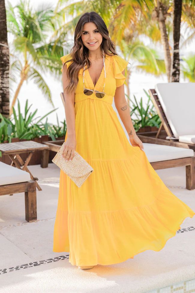 Complicated Heart Mustard Deep V-Neck Maxi | Pink Lily