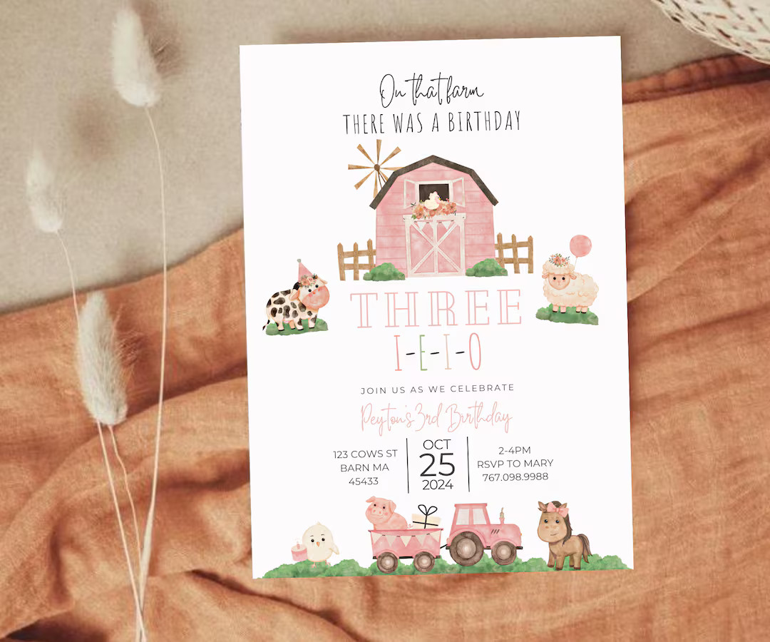 Three-I-E-I-O Birthday Invitation, 3rd Birthday Party Tractor and Farm Animal Theme, Editable Can... | Etsy (US)