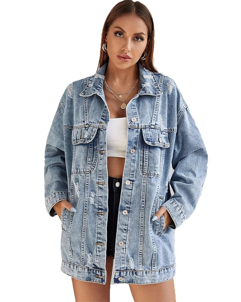 Women Casual Oversize Denim Jackets Mid Long Vintage Ripped Jean Coats | Amazon (US)