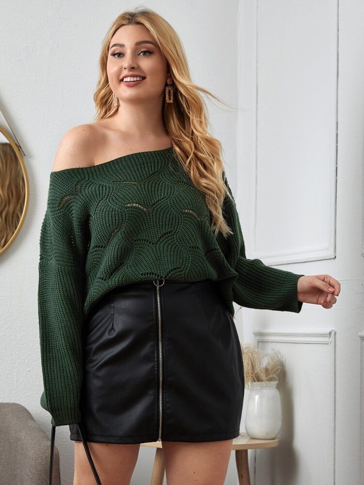 Plus Pointelle Knit Scalloped Sweater | SHEIN