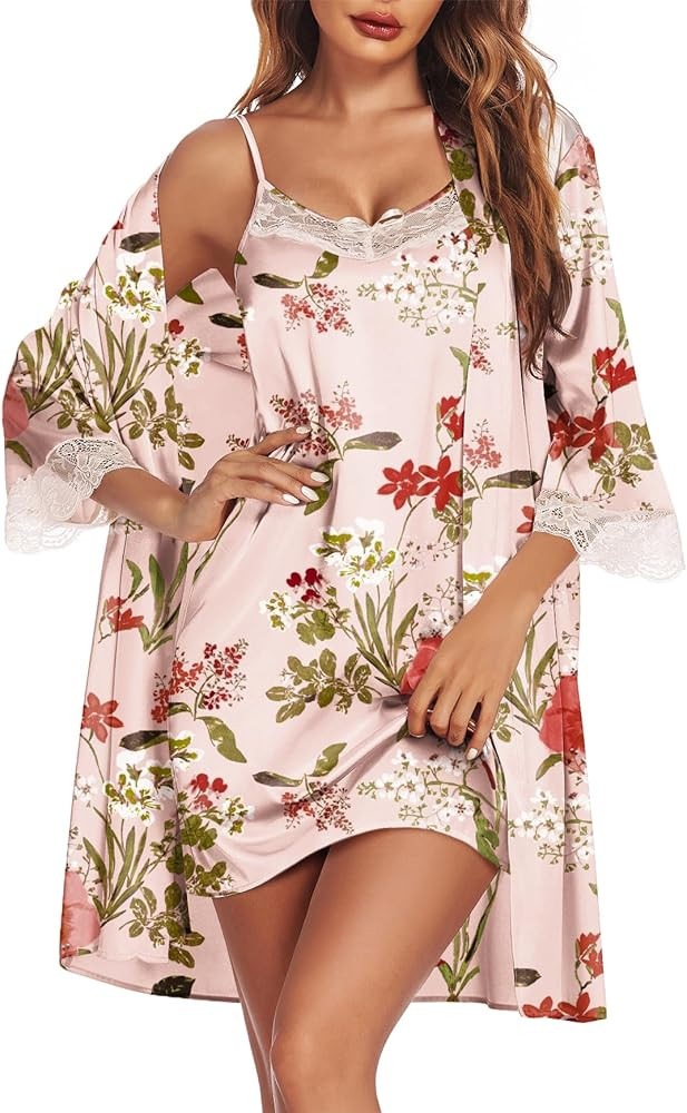 Ekouaer Sleepwear Women's Satin Nightgown with Robes Set 2 Piece Sexy Lace Cami Nightwear | Amazon (US)