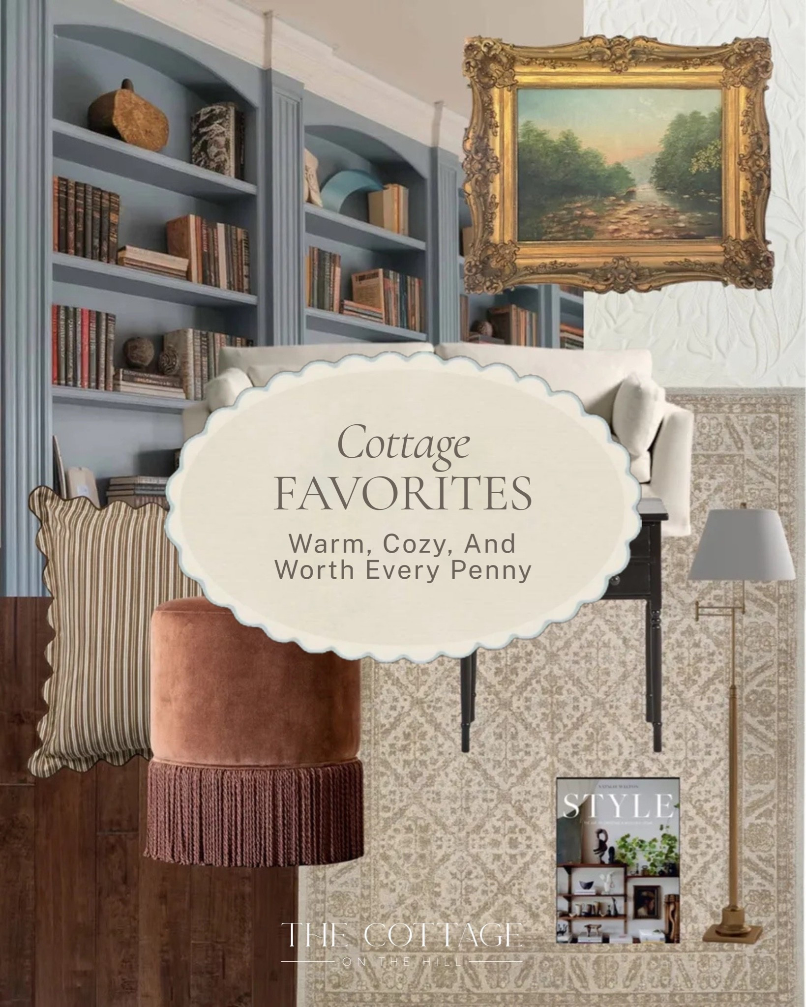 The pieces worth investing in, because they make a room feel like it was always meant to look this way ✨ 

A few cottage favorites I'm loving lately: a fringed ottoman, vintage-inspired art, a layered rug, and those warm, character-filled details that make a space feel truly lived in. 

All linked here 🤍 

#LTKhome