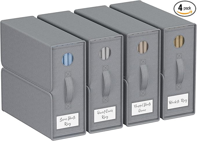 TRZZ 4 Pack Bed Sheet Organizers and Storage, Foldable Fabric Bins with Window and Labels, Linen ... | Amazon (US)