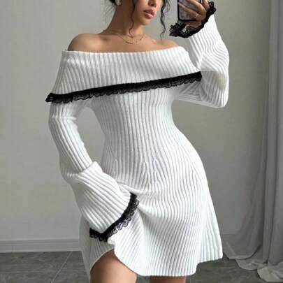 Women's Spring And Autumn Elegant Off Shoulder Contrast Color Lace Flared Sleeve Sweater Dress | SHEIN