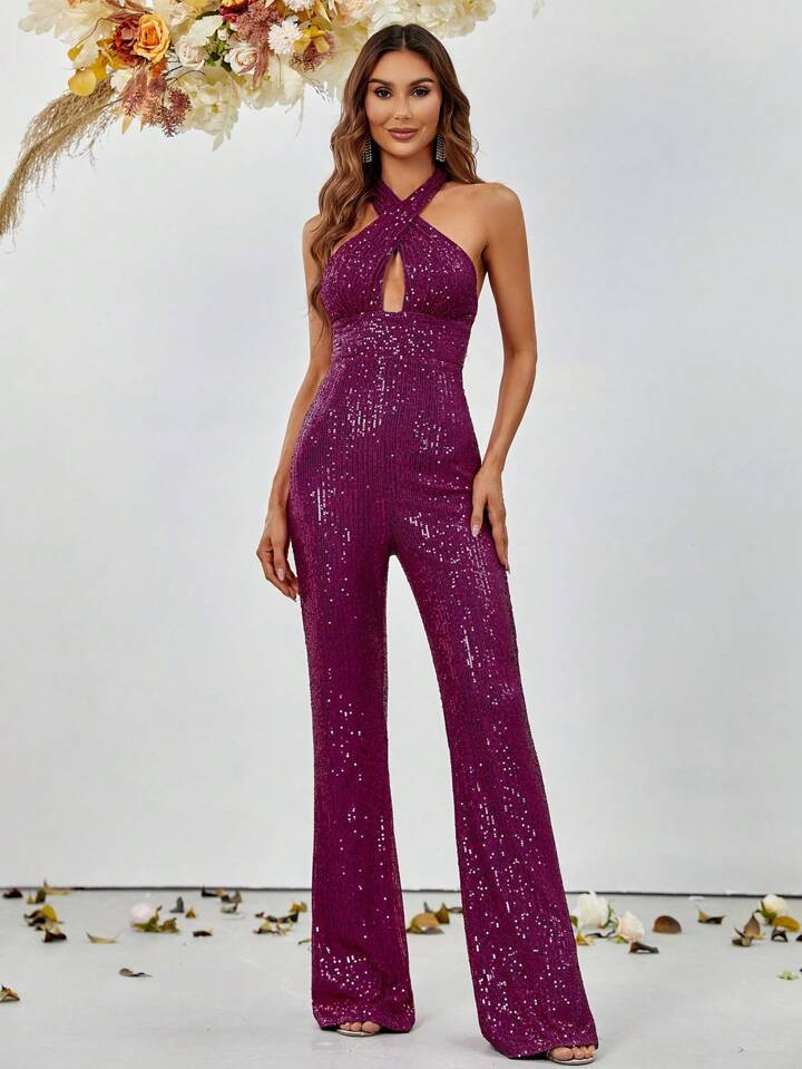 Crisscross Backless Sequin Jumpsuit | SHEIN
