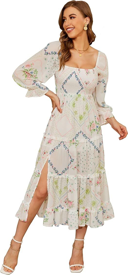 R.YIposha Women's Autumn Bohemian Dress Puff Sleeve Ruffled Floral Print Casual Off Shoulder Long Dr | Amazon (US)