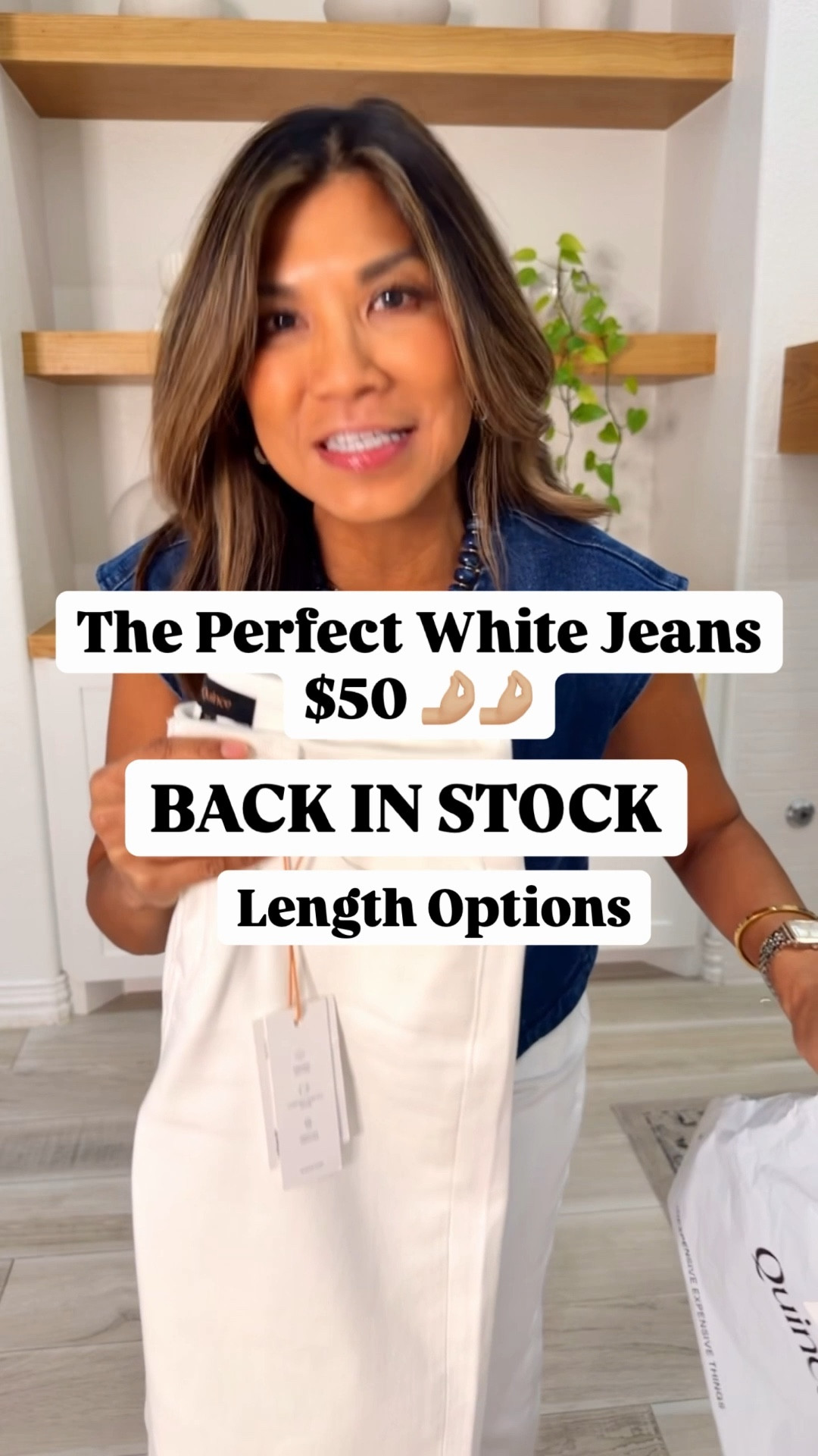 BACK IN STOCK-If you see your size grab them ! 
I’m 5’2” 118#ish for reference 
Jeans in size 26 tts length in 28”-length options. If in b/w sizes size up tho. I’m wearing my true size but it fits tighter than usual. 
Top in small tts in Navy.
Sandals size down.
White jeans, over 40 women, spring outfit
