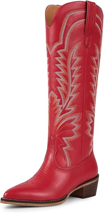 ISNOM Cowboy Boots for Women Knee High Cowgirl Boots with Classic Embroidered Pointed Toe Chunky ... | Amazon (US)