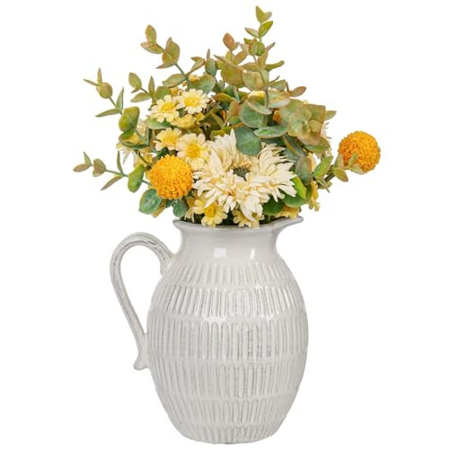 MyGift Vintage Small Jug Flower Vase, Off-White Vertical Ribbed Ceramic Tabletop Decorative Pitcher Home Decor Floral Arrangement Planter Vase | Amazon (US)