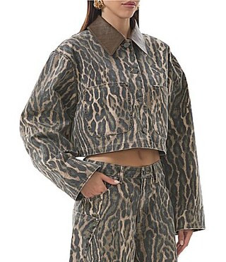 AFRM Wrenley Leopard Print Canvas Contrast Point Collar Long Sleeve Oversize Boxy Crop Jacket - L | Dillard's