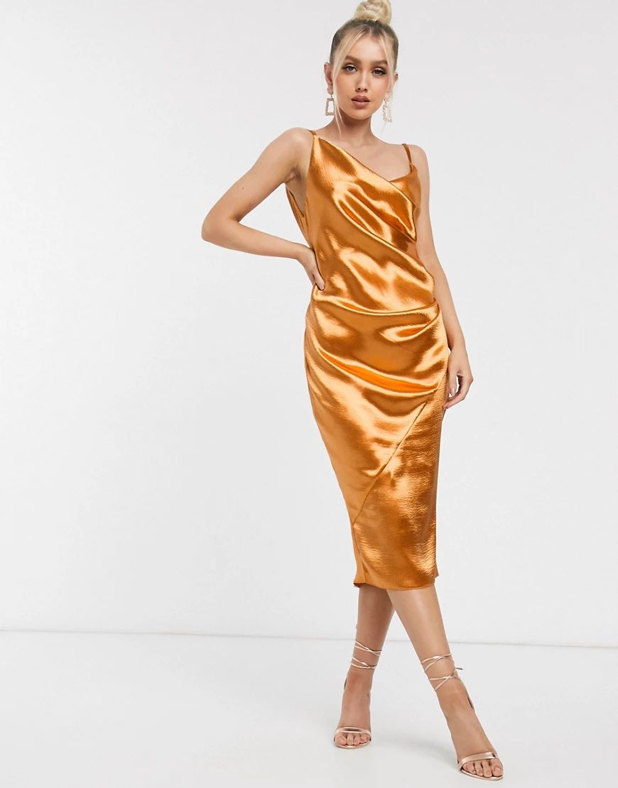 ASOS DESIG ASOS DESIGN drape slip midi dress in high shine sati-Gold | ASOS (Global)