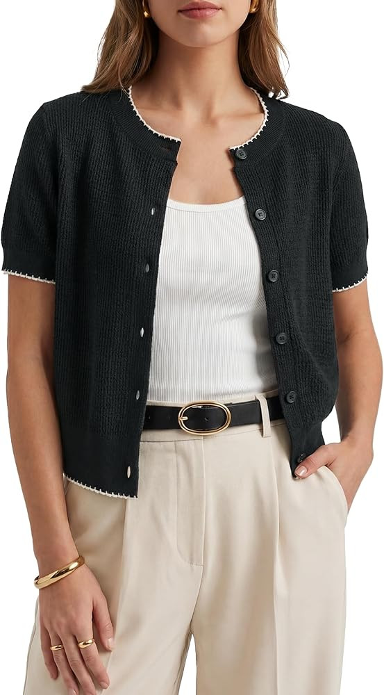 Arach&Cloz Women's 100% Cotton Regular Fit Cropped Cardigan Contrast Trim Button Front Work Tops ... | Amazon (US)