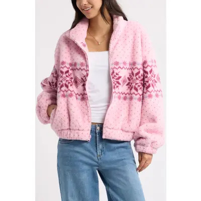 BP. Print Fleece Zip Jacket in Tan- Black Patty Leopard at Nordstrom, Size Medium | Nordstrom