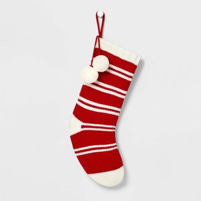 20" Striped Knit Christmas Stocking with Pompoms Red - Wondershop™ | Target