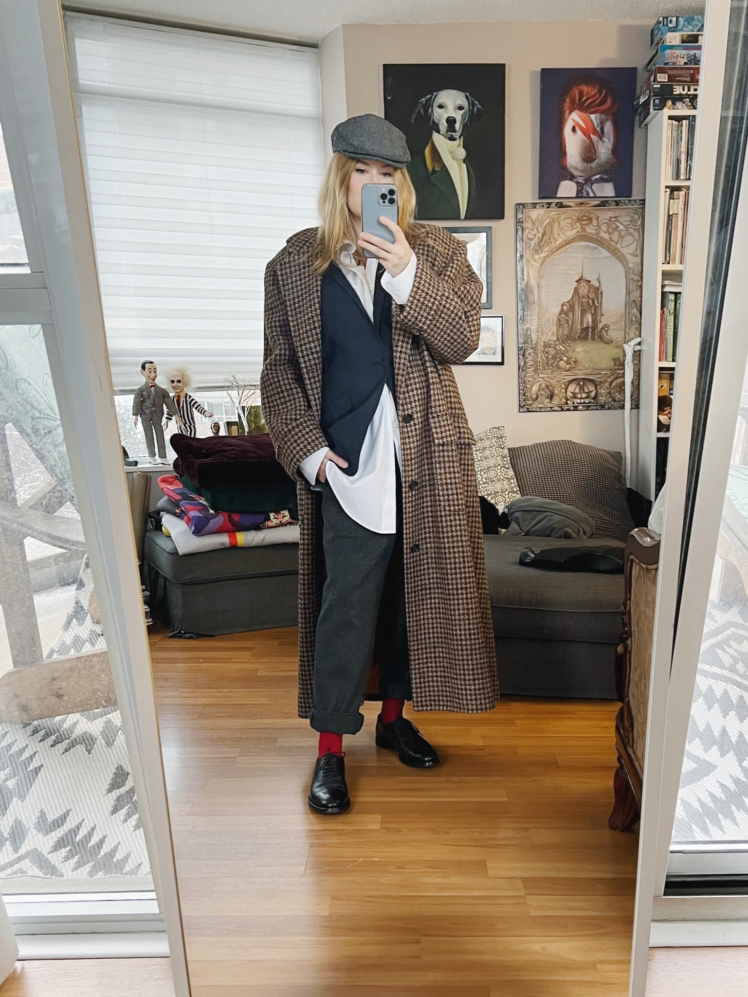 The stages of getting dressed.
Everything is secondhand but the trousers, hat, and socks.
•
.  #WinterLook  #StyleOver40  #vintageRalphLauren  #menswearInspired  #alexanderMcQueen  #Gucci #secondhandFind #FashionOver40  #MumStyle #genX #genXStyle #genXInfluencer #poshmarkFinds #WhoWhatWearing #genXblogger #derbyShoes #secondhandDesigner #Over40Style #40PlusStyle #Stylish40s  #HighStreetFashion #StyleIdeas


#LTKstyletip #LTKSeasonal