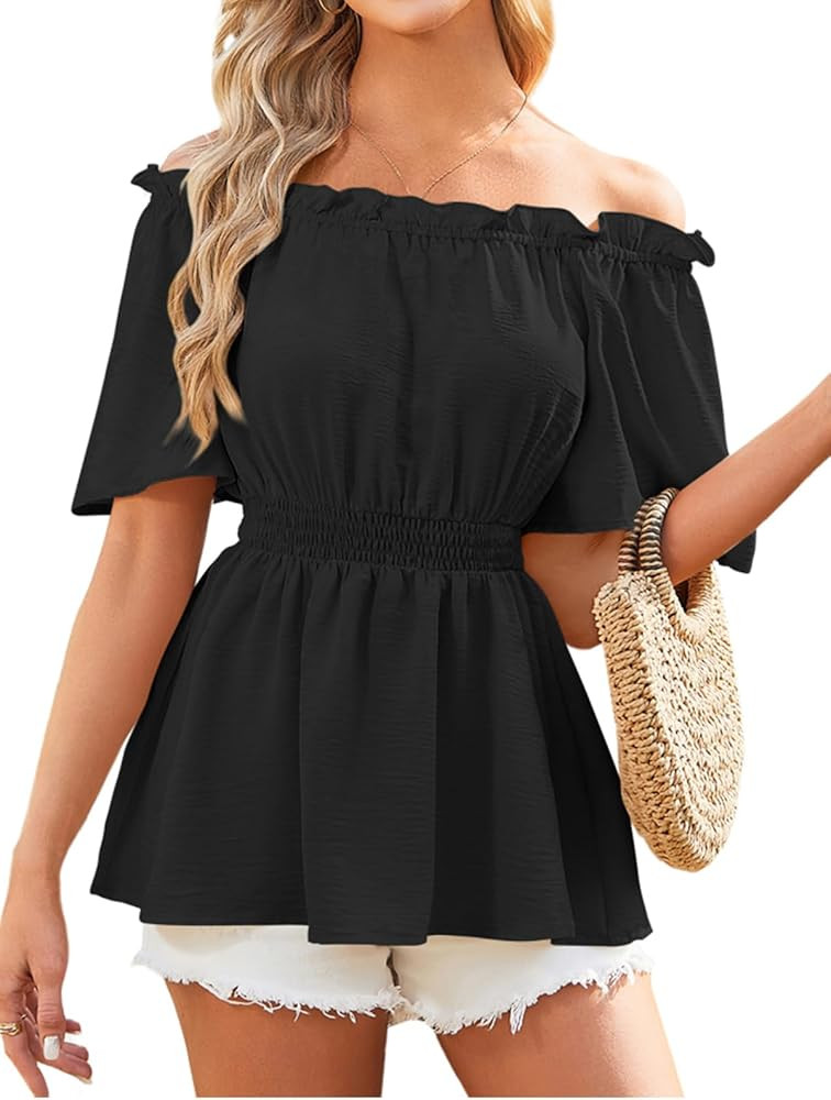 Poetsky Women's Summer Off The Shoulder Peplum Tops Sexy Ruffle Short Sleeve Blouses Dressy Casua... | Amazon (US)