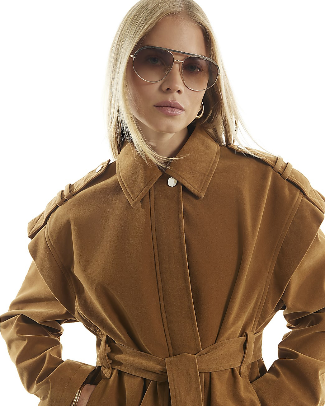 Brown Faux Suede Belted Jacket | River Island UK & IE