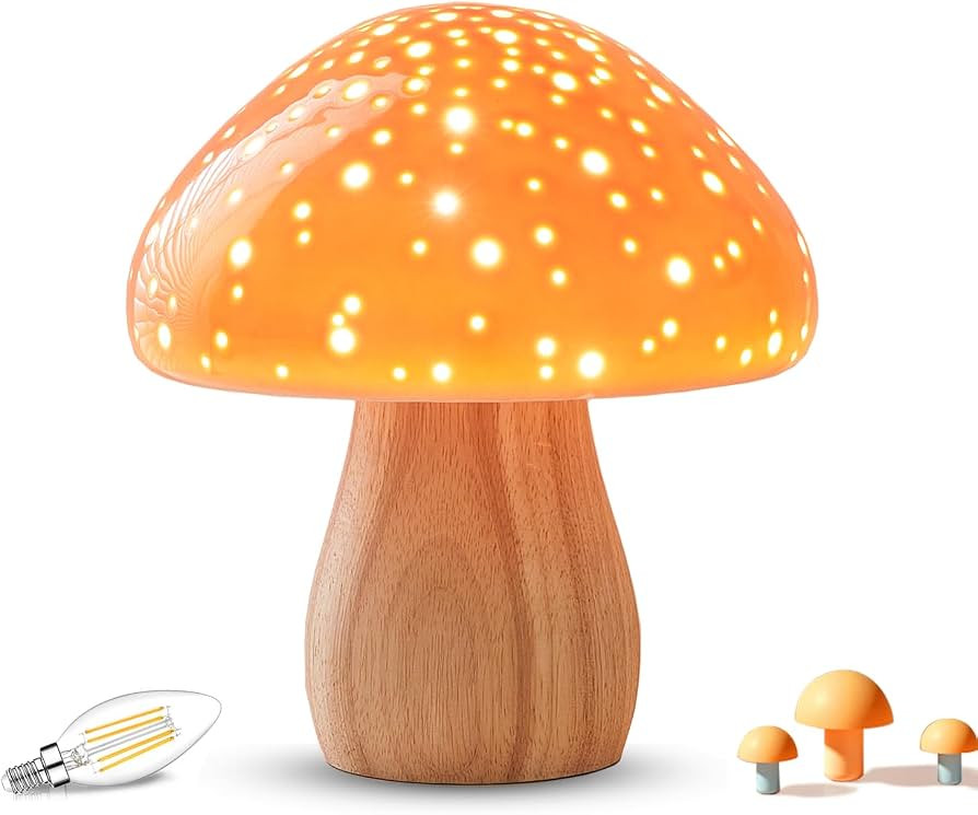 BOHON Mushroom Lamp Ceramic Bedside Table Lamp for Bedroom Orange | Amazon (US)