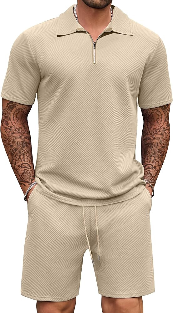 COOFANDY Men's Track Suits 2 Piece Set Casual Quarter Zip Polo Shirt and Shorts Set Sweatsuit Sum... | Amazon (US)