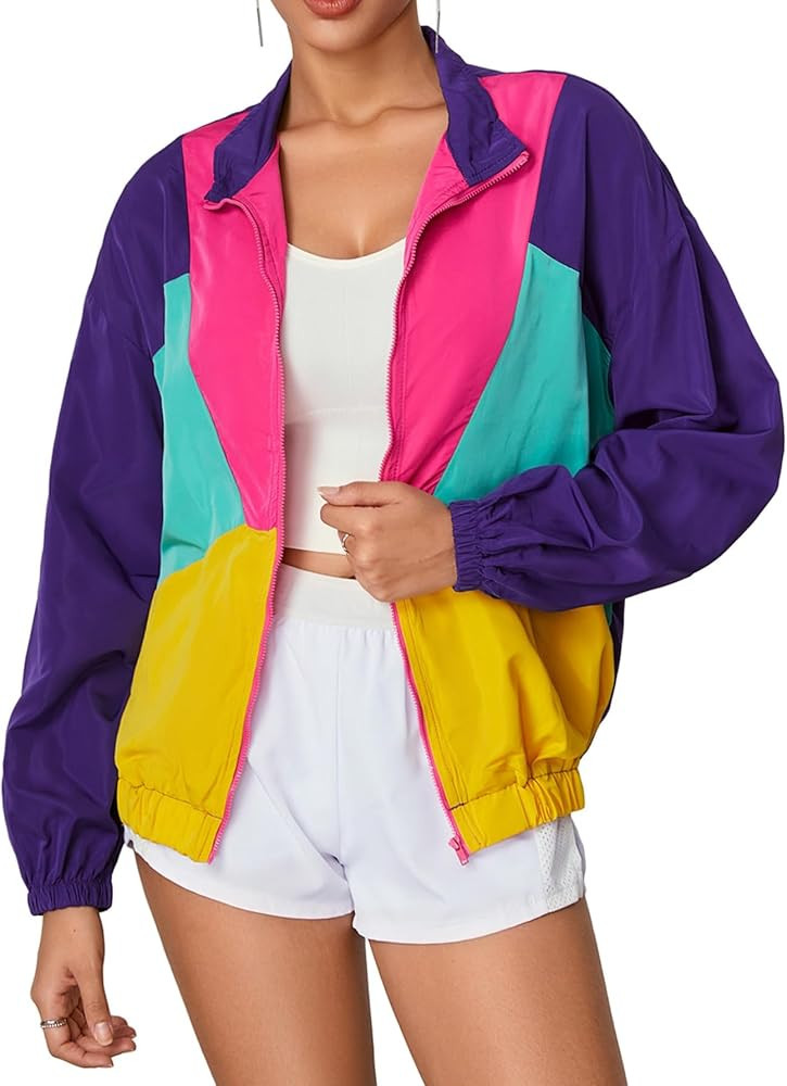 WDIRARA Women's Color Block Zip Up Lightweight Jacket Patchwork Sporty Windbreaker Jacket | Amazon (US)