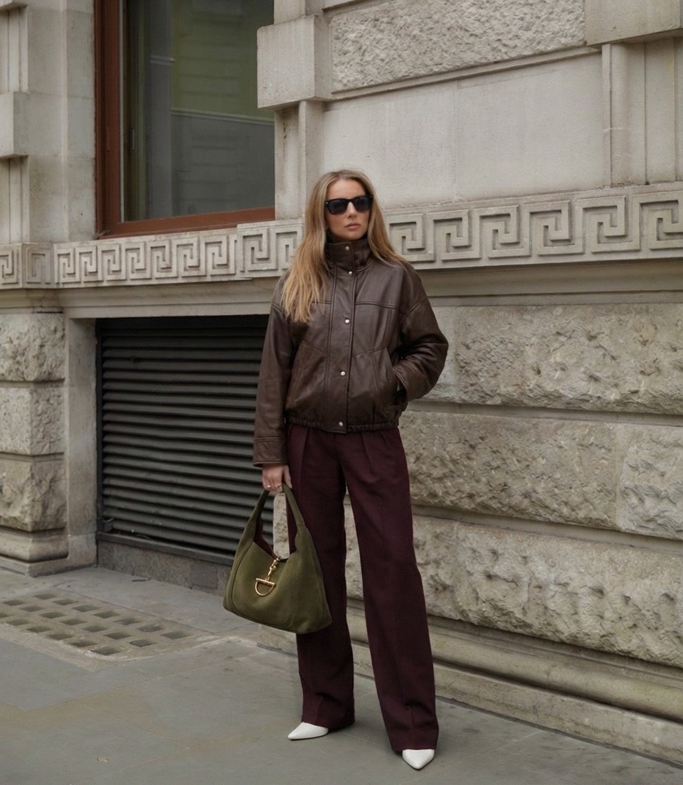Funnel neck jacket, leather jacket, leather bomber jacket, brown leather jacket, burgundy trousers, smart trousers, tailored trousers, Gucci bag, sheer handbag, green suede handbag, Rohe 

#LTKwinter #LTKworkwear #LTKluxury